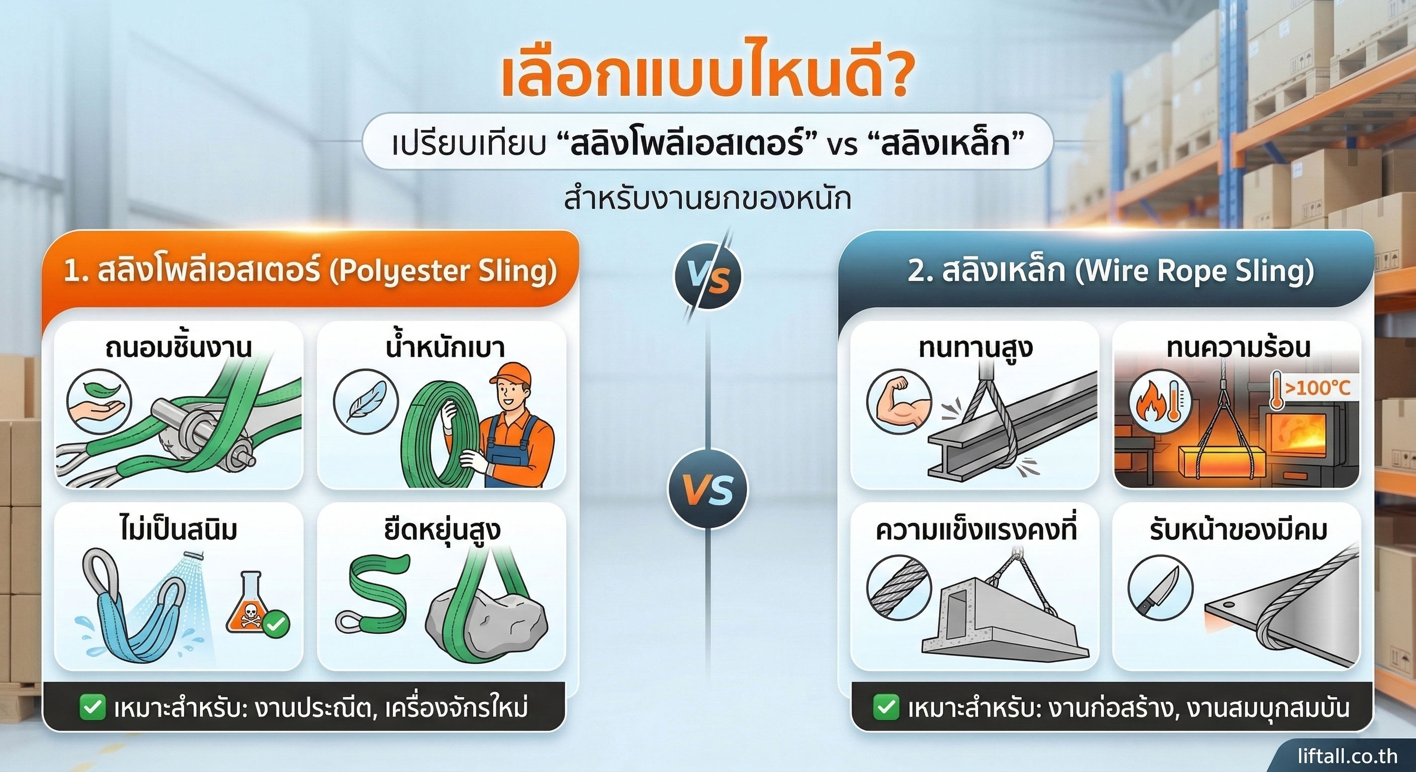 สลิงโพลีเอสเตอร์ vs สลิงเหล็ก เลือกใช้แบบไหนให้ปลอดภัย เปรียบเทียบสลิงโพลีเอสเตอร์และสลิงเหล็ก