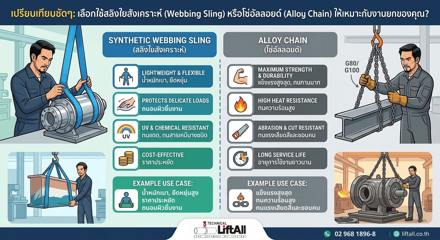 เลือกใช้สลิงใยสังเคราะห์ (Webbing Sling) หรือโซ่อัลลอยด์ (Alloy Chain) Webbing Sling VS Alloy Chain